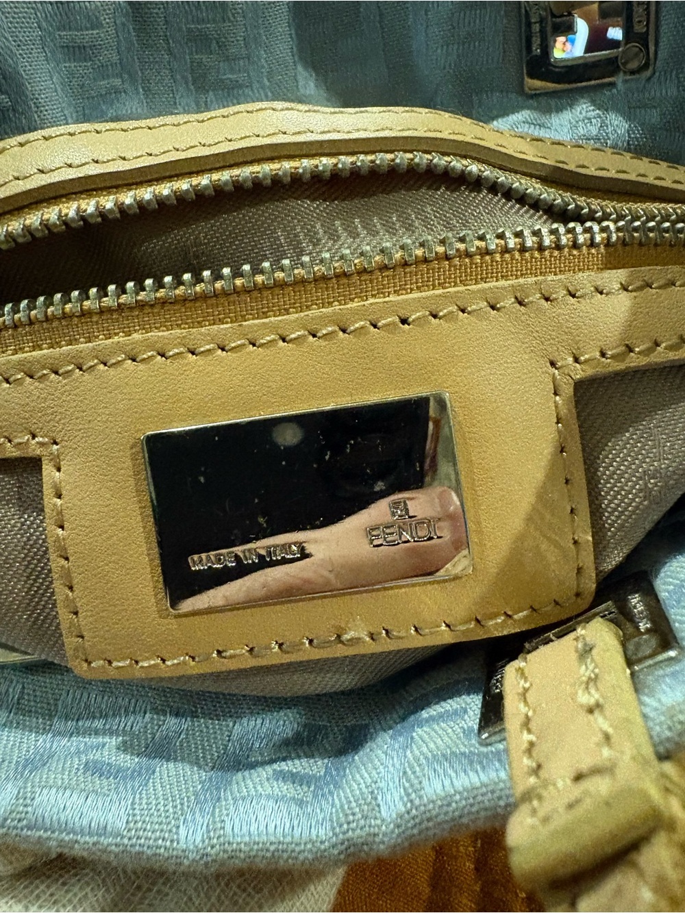 Fendi Light Blue FF Monogram Tote with Tan Leather Straps. - Picture 7 of 16